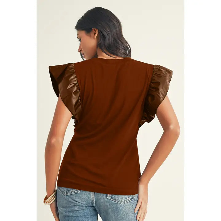 Leather Ruffle Shoulder Plain Blouse