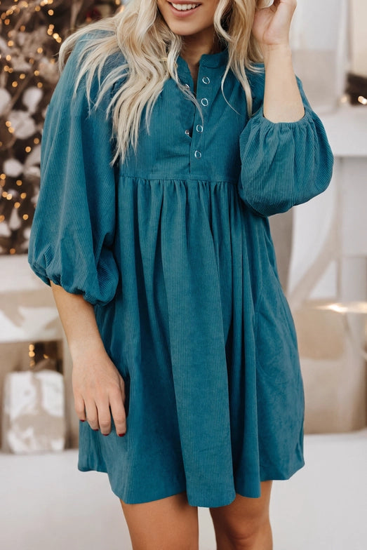 Corduroy Snap Buttons Empire Waist Bracelet Sleeve Dress