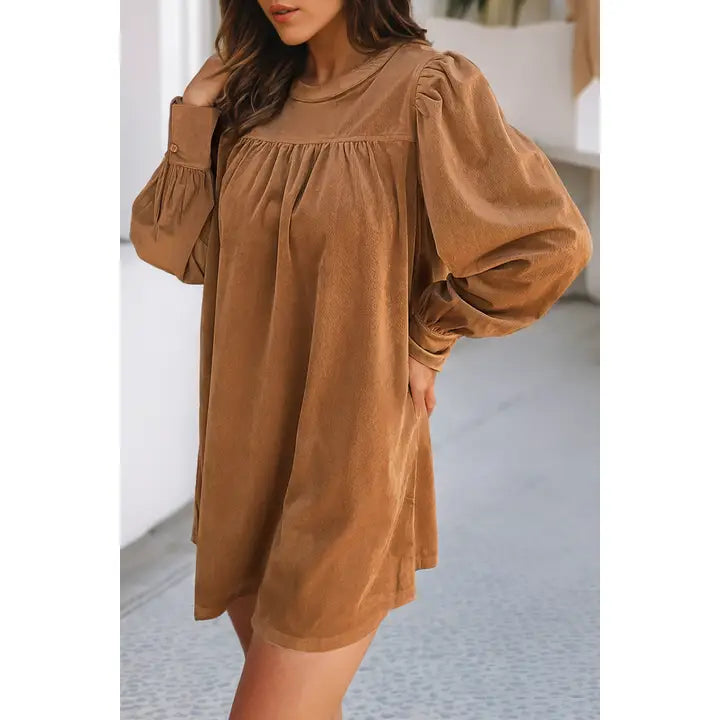Corduroy Pleated Puff Sleeve Shift Short Dress