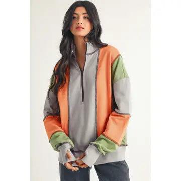 Color Block Stitching Detail Half Zipper Sweatshirt