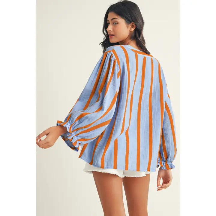 Stripe Textured Ruffled Sleeve Button Up Loose Shirt