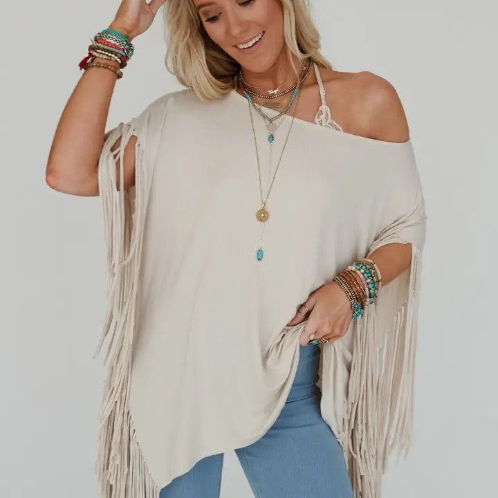 Fringe Off the Shoulder Tee