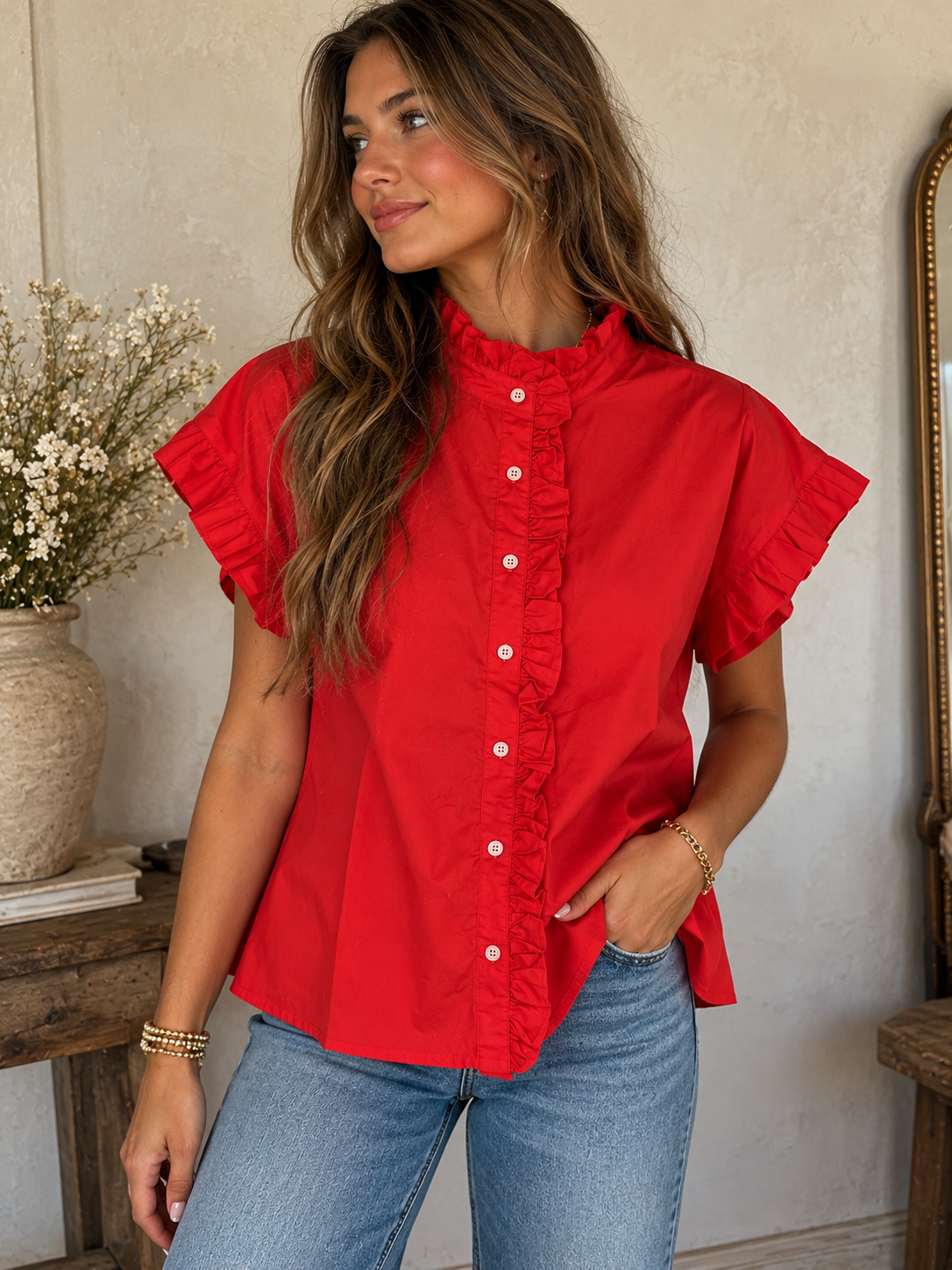 Red ruffle blouse