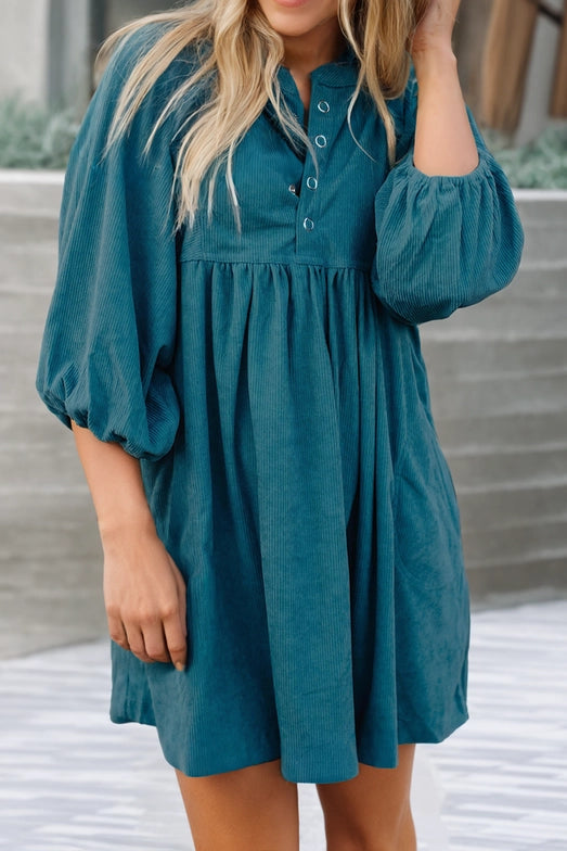 Corduroy Snap Buttons Empire Waist Bracelet Sleeve Dress