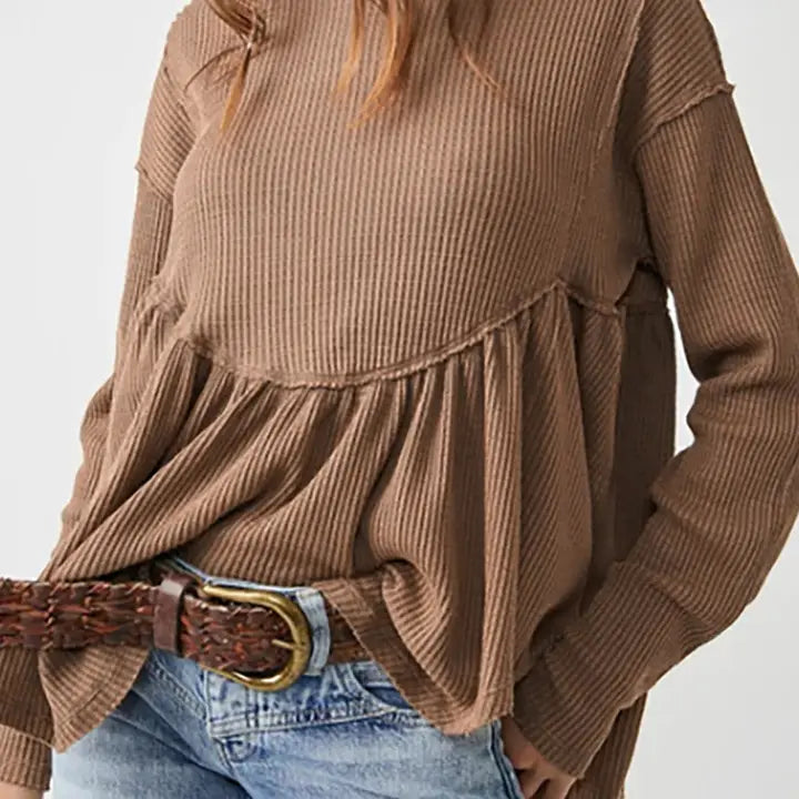 Solid Color Ribbed Long Sleeve Blouse