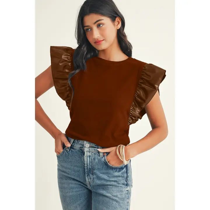 Leather Ruffle Shoulder Plain Blouse