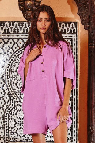 Lavender Solid Oversize Button Up Collared Romper