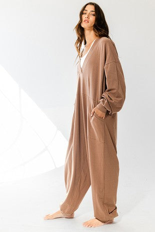 Solid Deep V-neck Solid Knit Jogger Jumpsuit