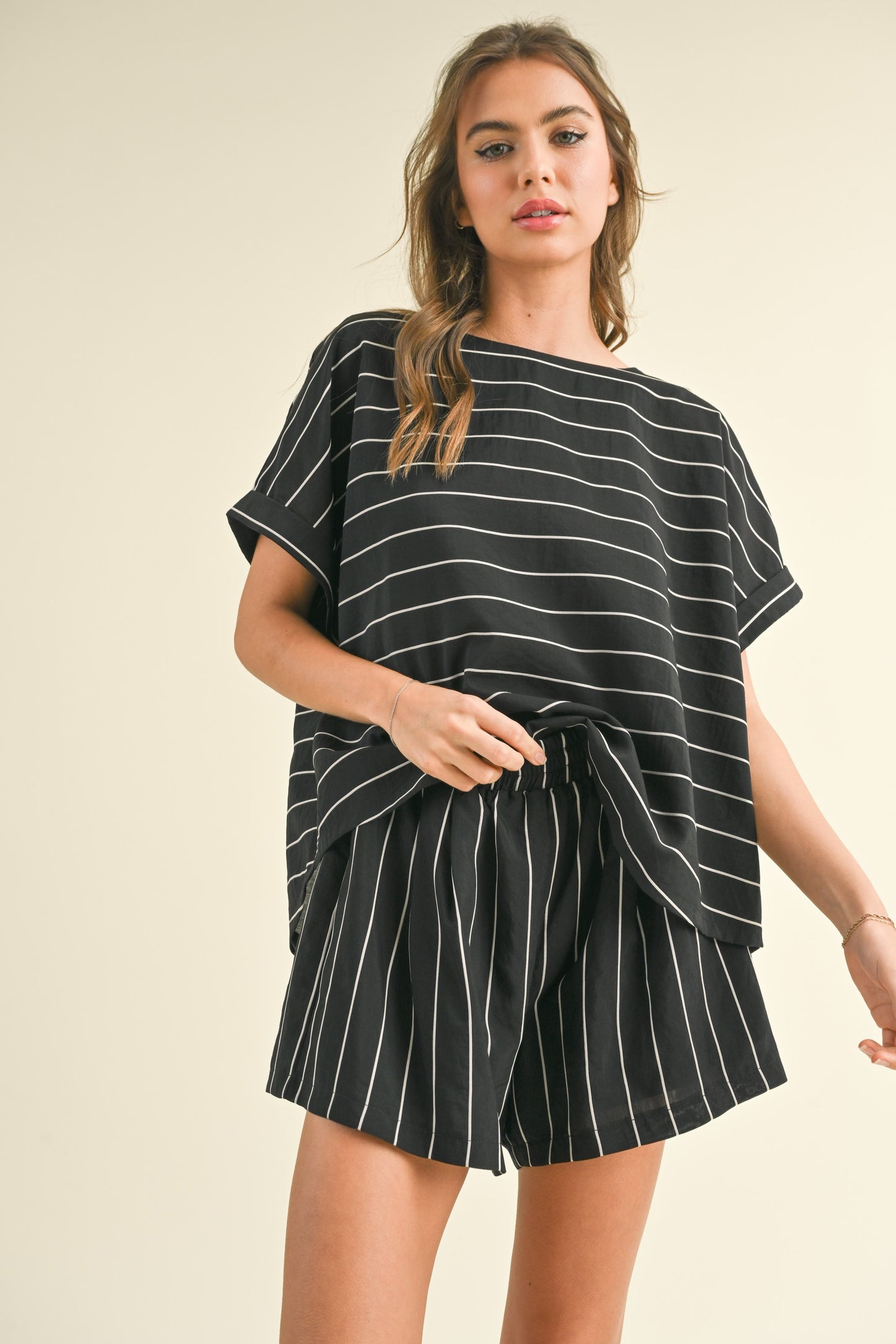 STRIPED RELAXED FIT SHORT SLEEVE TOP WITH SHORTS