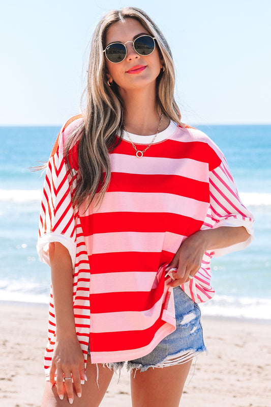 Stripe Patchwork Side Split Loose T Shirt