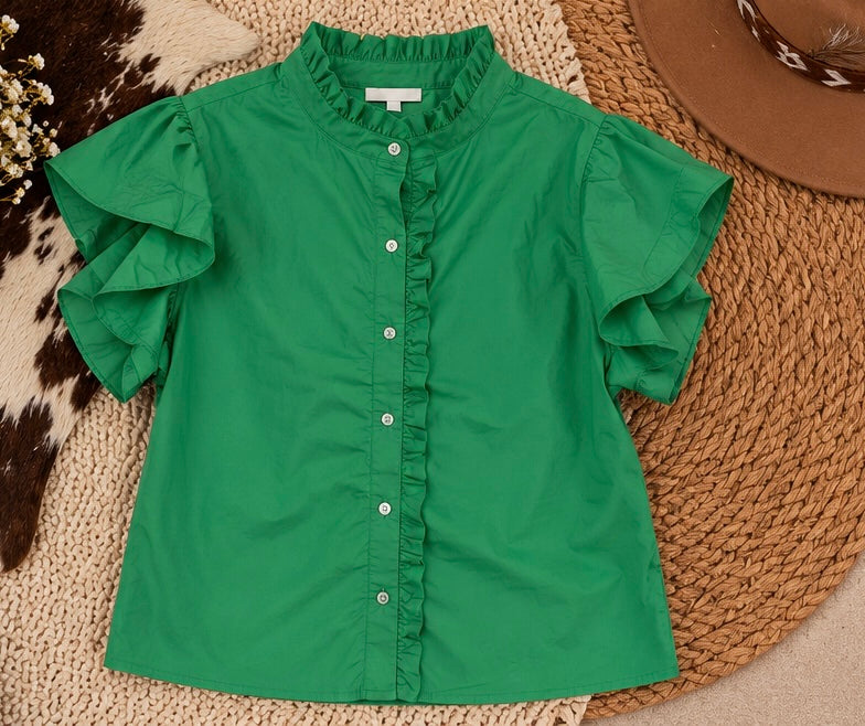 Green short sleeve ruffle blouse