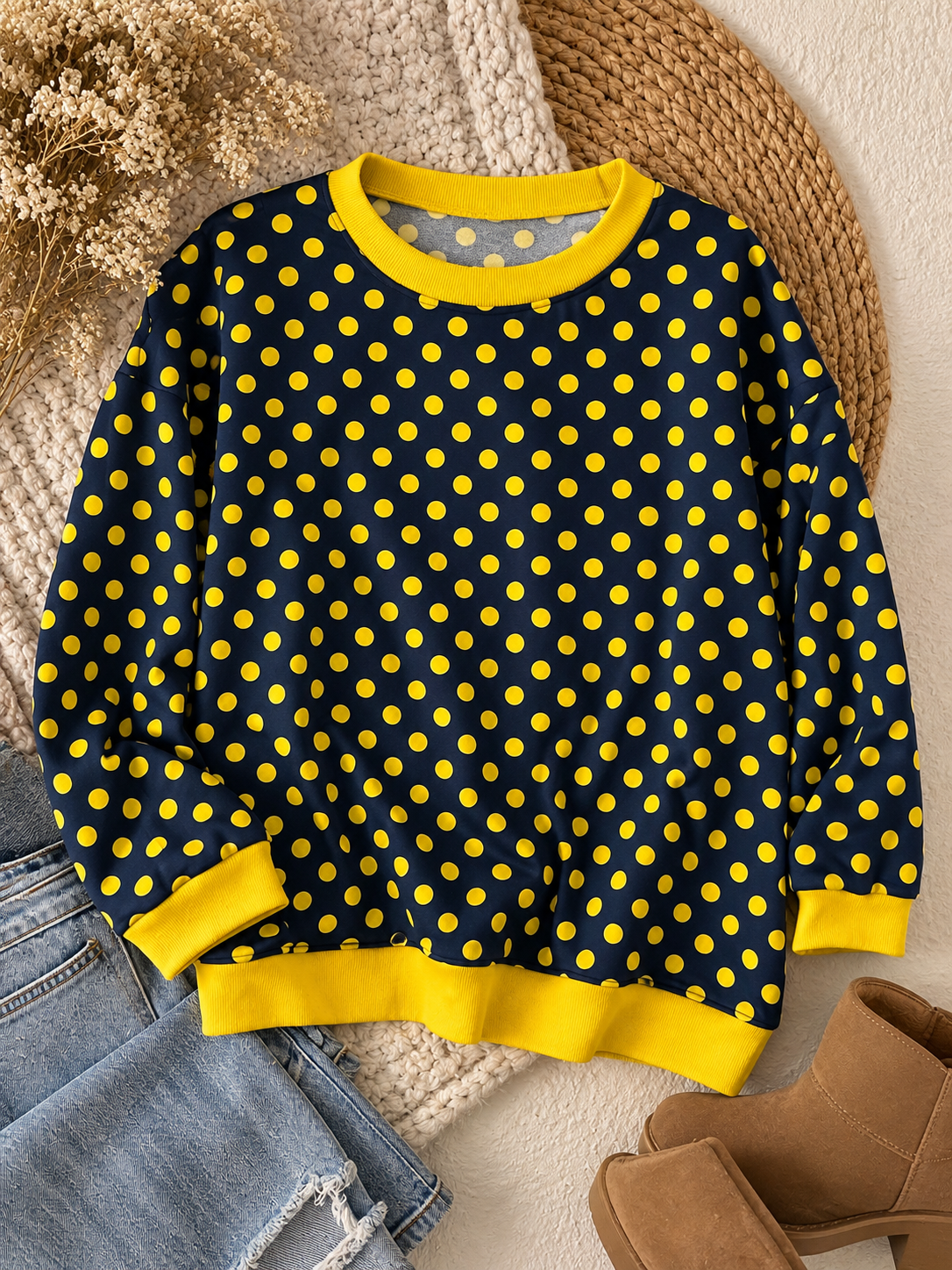 Navy & Yellow polka dot crewneck