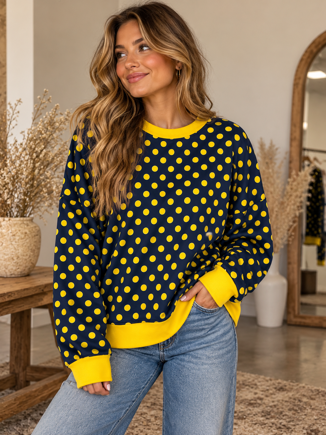 Navy & Yellow polka dot crewneck