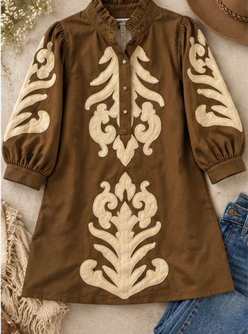 Brown Western Dress yellow stitch